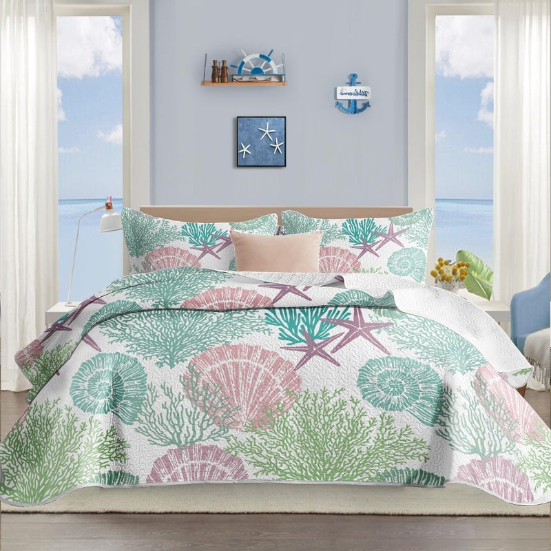 Tritard 3 Piece Coastal Quilt Sets King Size - Reversible Microfiber Quilts with 2 Shams Soft Lightweight Beach Bedding Nautical Bedspread Coverlet Summer Comforter Set for All Season  106''x96''  C5 - Image 1